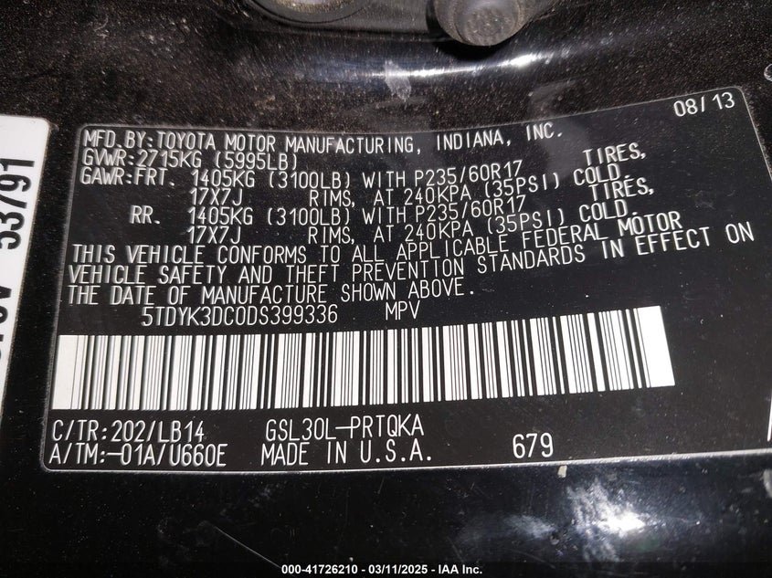 2013 TOYOTA SIENNA VIN: 5TDYK3DC0DS399336