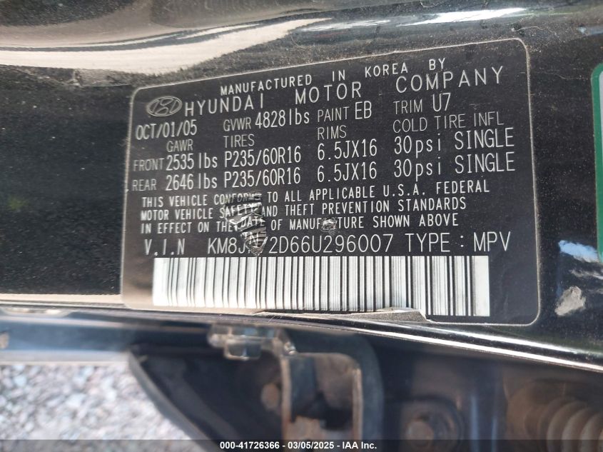 2006 Hyundai Tucson Gls/Limited VIN: KM8JN72D66U296007 Lot: 41726366