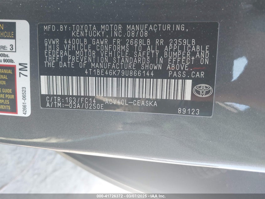 2009 TOYOTA CAMRY VIN: 4T1BE46K79U866144