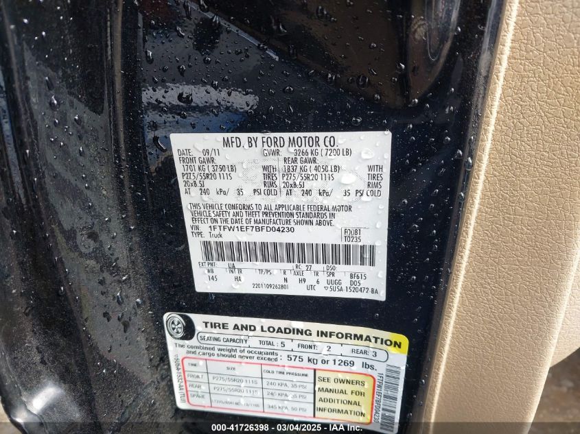 2011 Ford F-150 Lariat VIN: 1FTFW1EF7BFD04230 Lot: 41726398