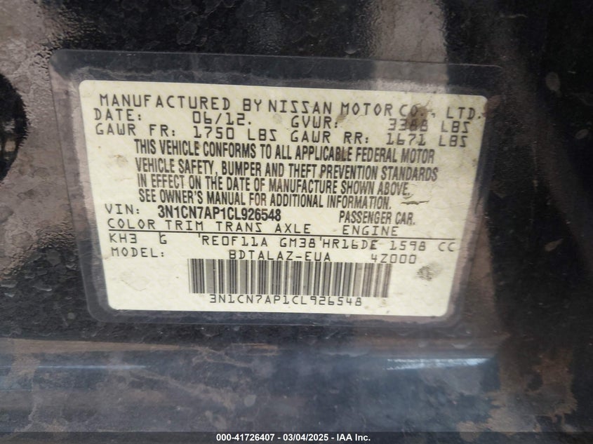 2012 Nissan Versa 1.6 S VIN: 3N1CN7AP1CL926548 Lot: 41726407