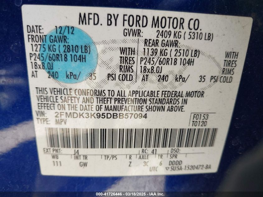 2013 Ford Edge Limited VIN: 2FMDK3K95DBB57094 Lot: 41726446