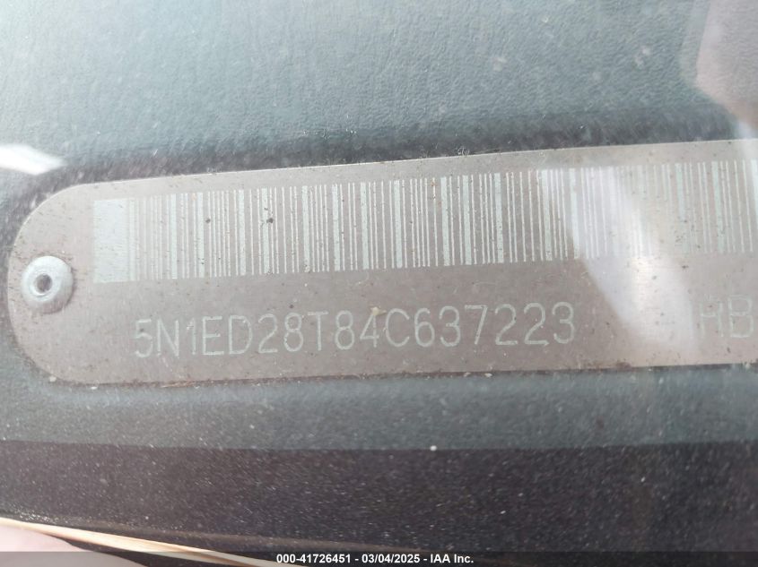 2004 Nissan Xterra Xe VIN: 5N1ED28T84C637223 Lot: 41726451