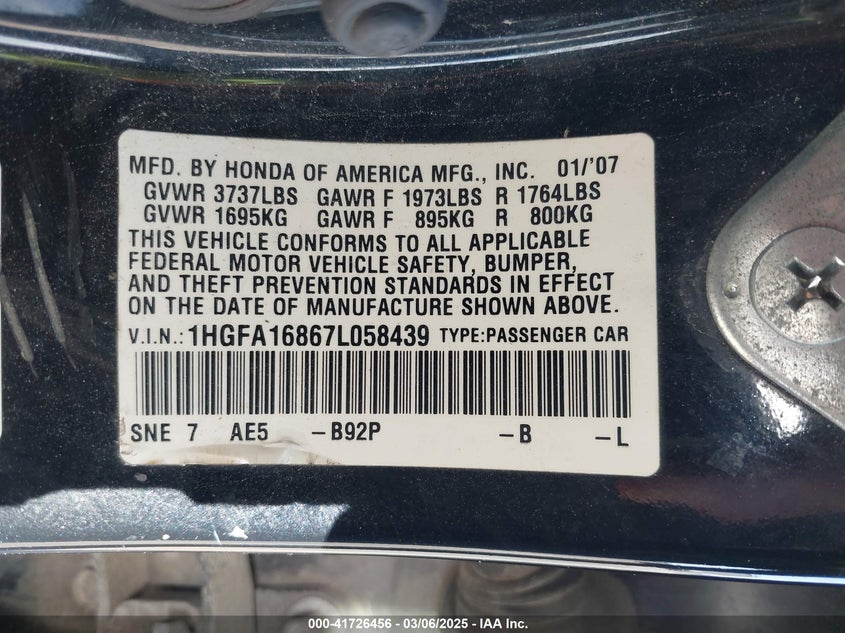 2007 HONDA CIVIC VIN: 1HGFA16867L058439