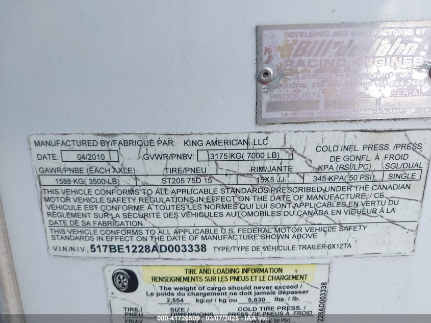 2010 KING TRAILER VIN: 517BE1228AD003338