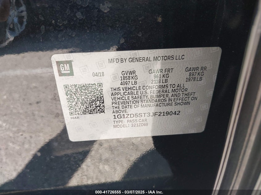 2018 CHEVROLET MALIBU VIN: 1G1ZD5ST3JF219042