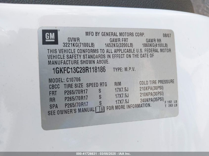 2008 GMC Yukon Sle VIN: 1GKFC13C28R118186 Lot: 41726631