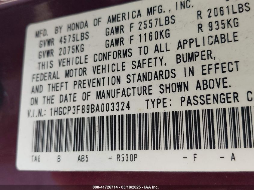 2011 Honda Accord 3.5 Ex-L VIN: 1HGCP3F89BA003324 Lot: 41726714