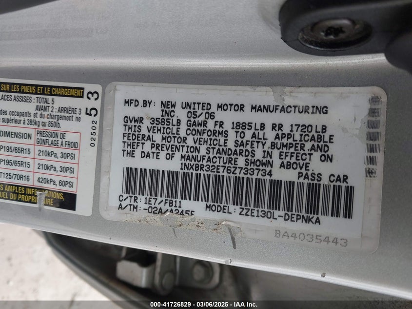 2006 TOYOTA COROLLA VIN: 1NXBR32E76Z733734