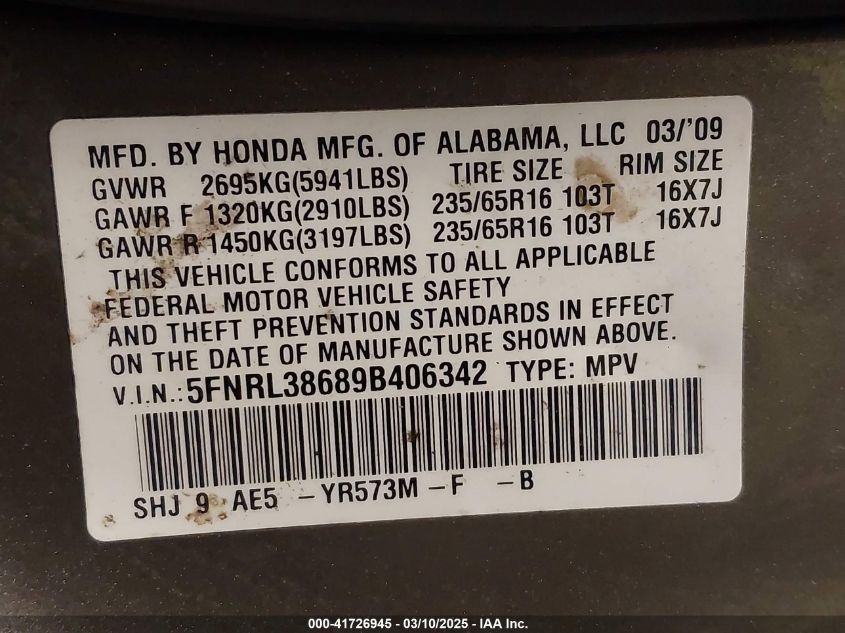 2009 Honda Odyssey Ex-L VIN: 5FNRL38689B406342 Lot: 41726945