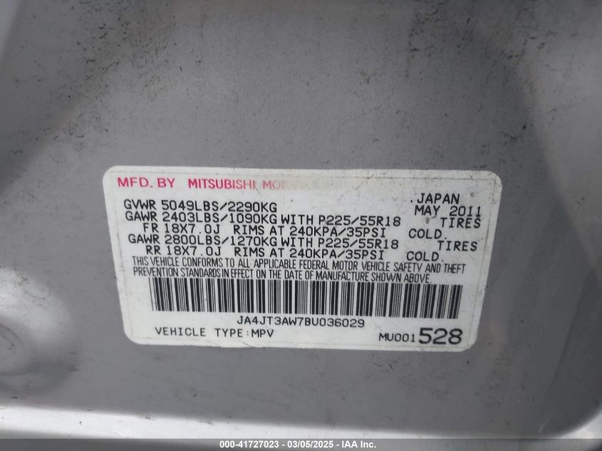 2011 Mitsubishi Outlander Se VIN: JA4JT3AW7BU036029 Lot: 41727023