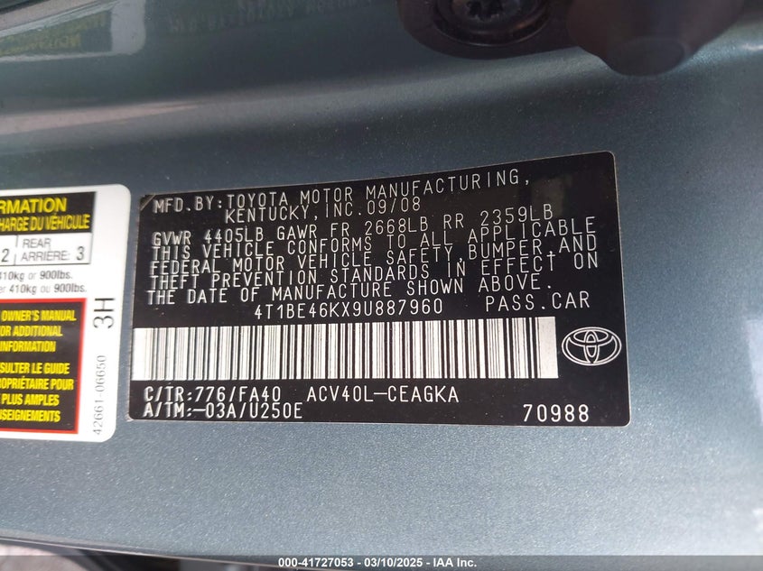 2009 TOYOTA CAMRY VIN: 4T1BE46KX9U887960