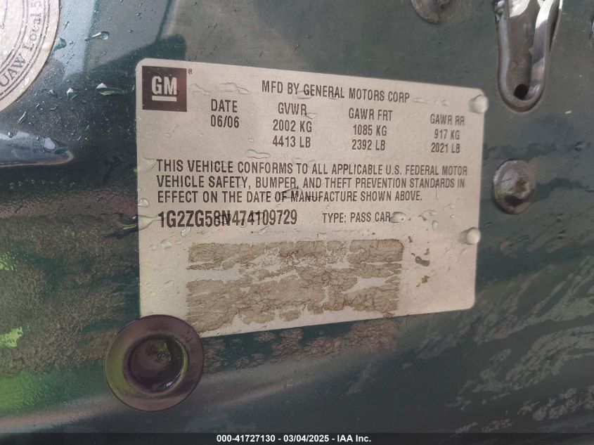 2007 Pontiac G6 VIN: 1G2ZG58N474109729 Lot: 41727130