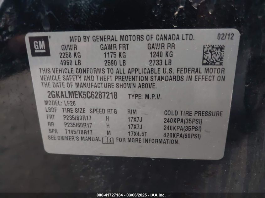 2012 GMC Terrain Sle-1 VIN: 2GKALMEK5C6287218 Lot: 41727184