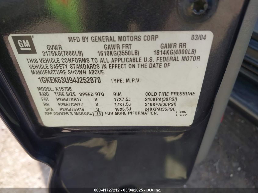 2004 GMC Yukon Denali VIN: 1GKEK63U94J252870 Lot: 41727212