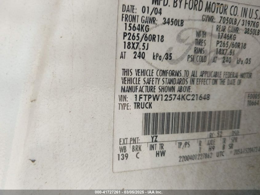 2004 Ford F-150 Lariat/Xlt VIN: 1FTPW12574KC21648 Lot: 41727261