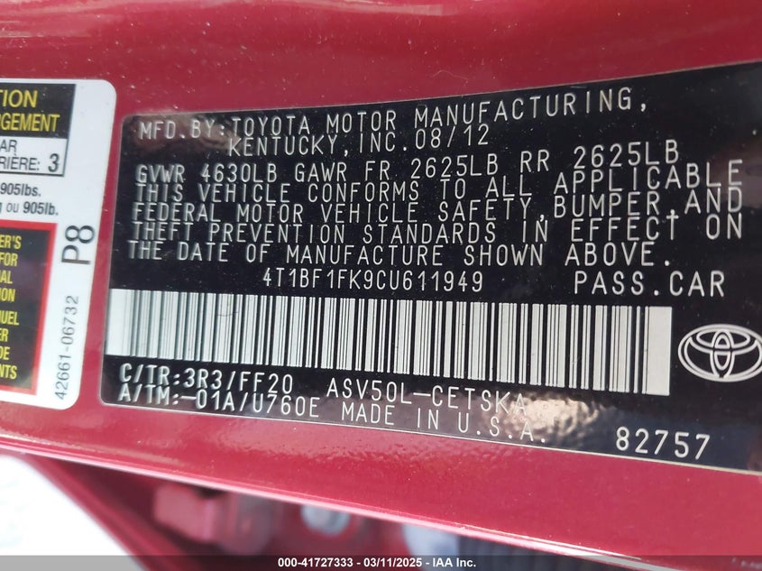 2012 TOYOTA CAMRY VIN: 4T1BF1FK9CU611949