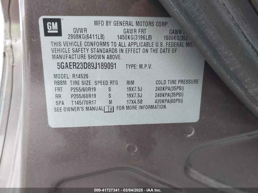 2009 Buick Enclave Cxl VIN: 5GAER23D89J189091 Lot: 41727341