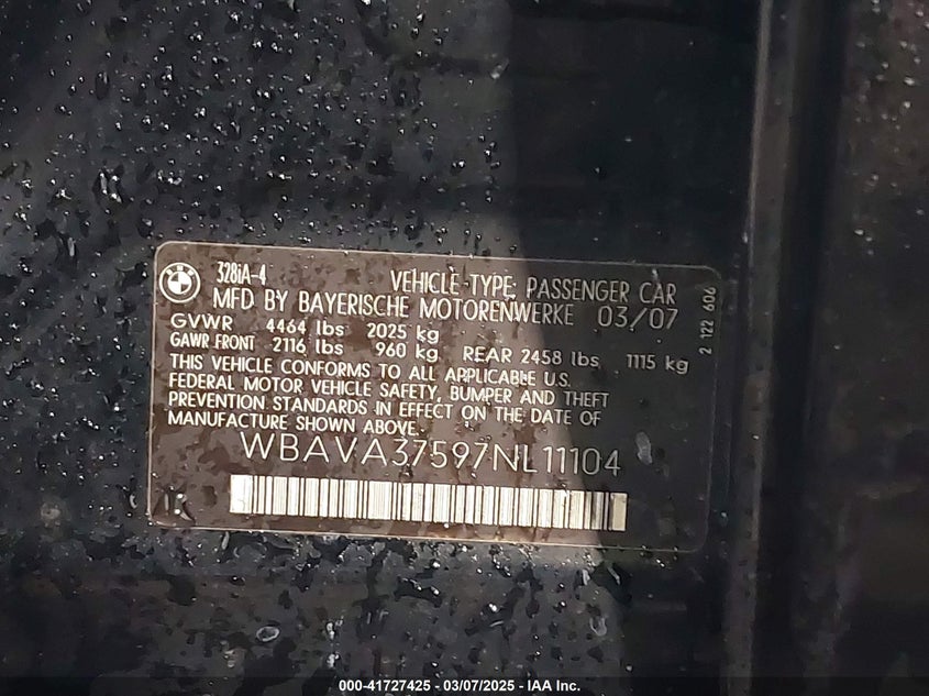 2007 BMW 328I VIN: WBAVA37597NL11104 Lot: 41727425