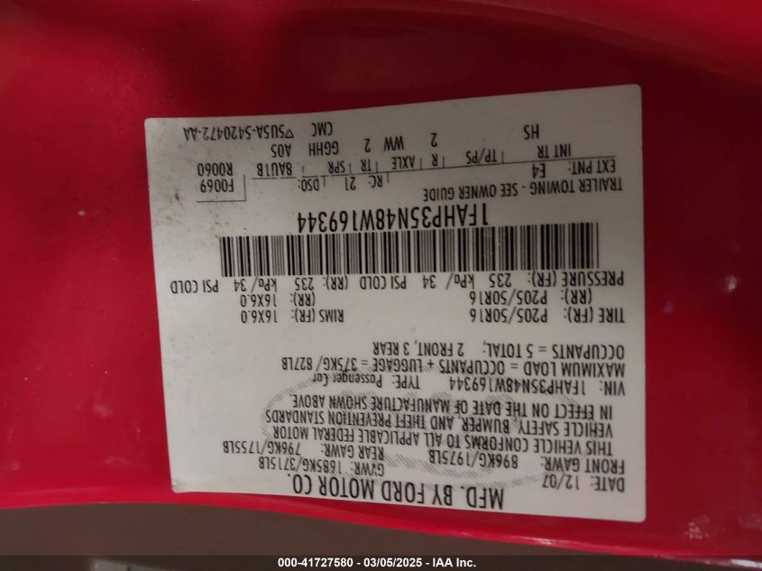 2008 Ford Focus Ses VIN: 1FAHP35N48W169344 Lot: 41727580