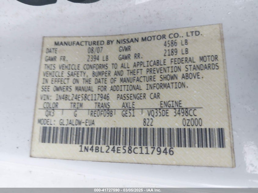 2008 NISSAN ALTIMA VIN: 1N4BL24E58C117946