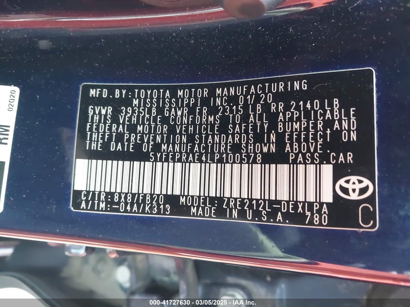 2020 TOYOTA COROLLA LE - 5YFEPRAE4LP100578