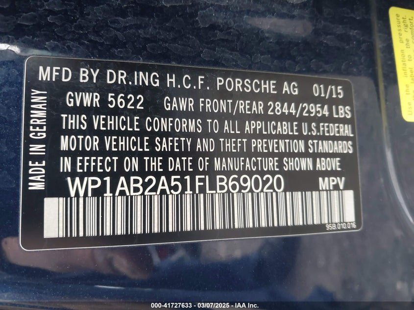 2015 PORSCHE MACAN VIN: WP1AB2A51FLB69020