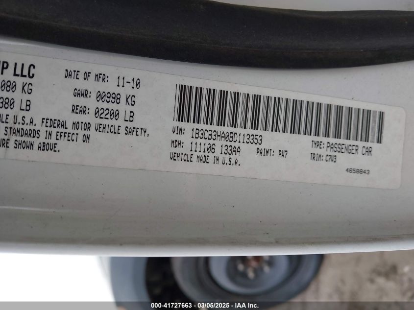 2011 Dodge Caliber Mainstreet VIN: 1B3CB3HA0BD113353 Lot: 41727663