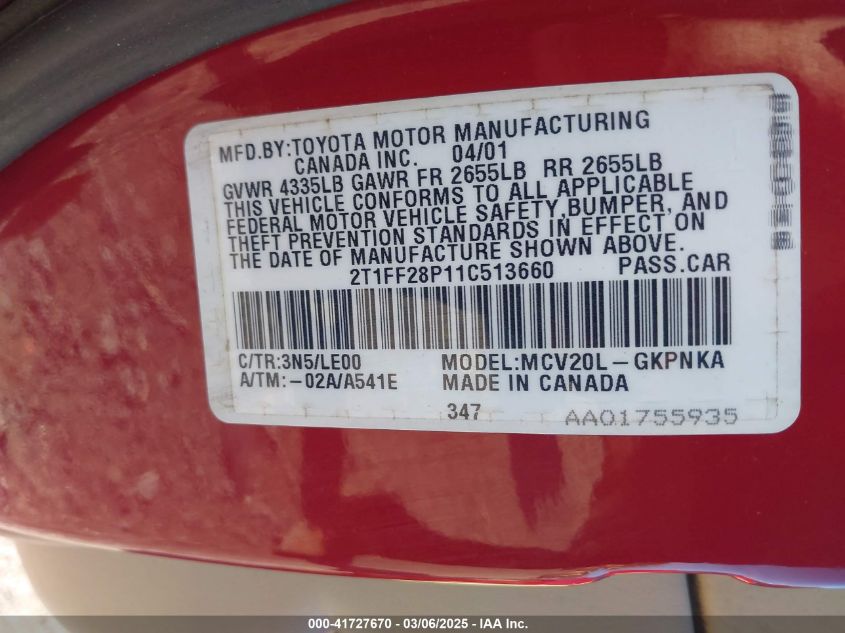 2001 Toyota Camry Solara Sle V6 VIN: 2T1FF28P11C513660 Lot: 41727670