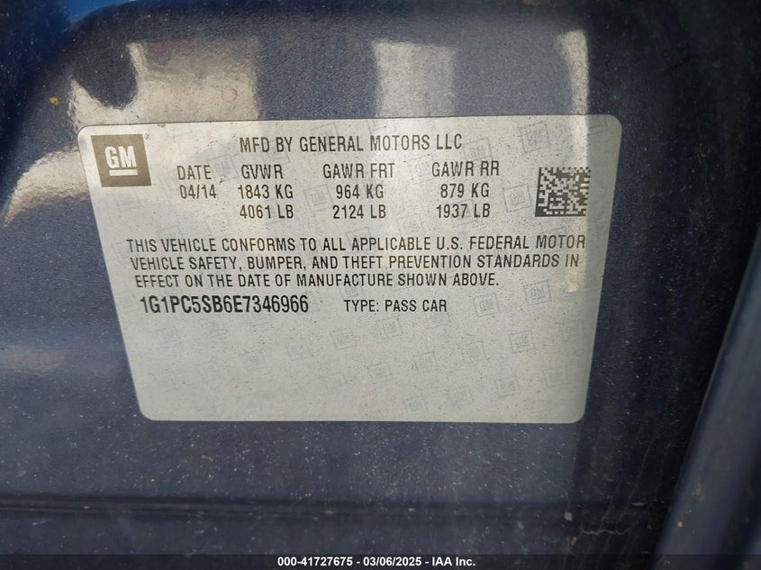 2014 CHEVROLET CRUZE VIN: 1G1PC5SB6E7346966