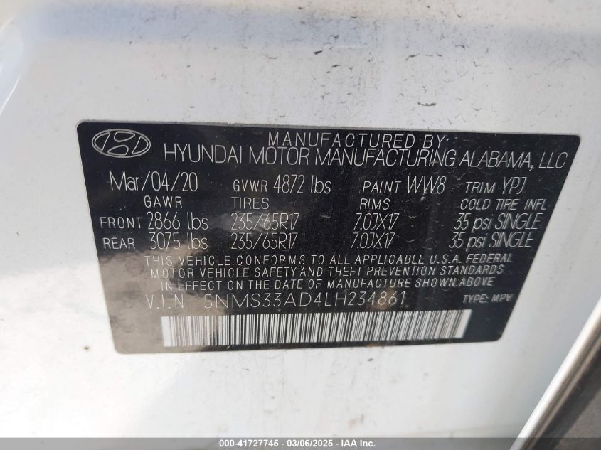 2020 Hyundai Santa Fe Sel VIN: 5NMS33AD4LH234861 Lot: 41727745