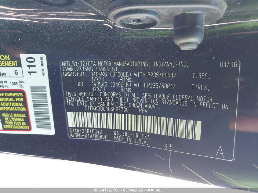 2016 TOYOTA SIENNA VIN: 5TDKK3DC1GS697730