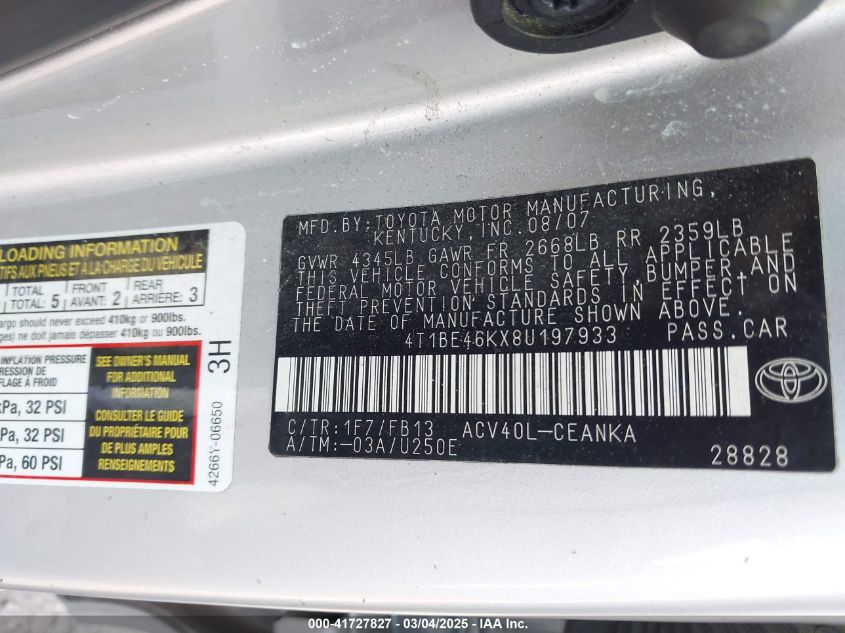 2008 Toyota Camry Le VIN: 4T1BE46KX8U197933 Lot: 41727827