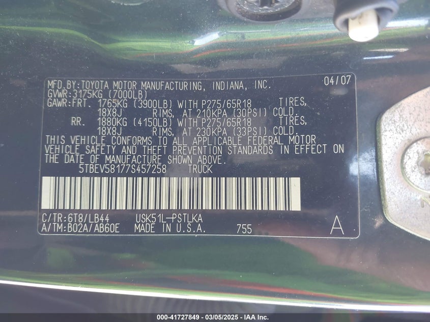 2007 TOYOTA TUNDRA VIN: 5TBEV58177S457258
