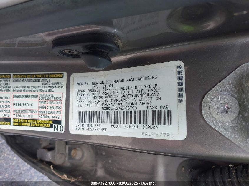 2004 Toyota Corolla Ce/Le/S VIN: 1NXBR32E24X336798 Lot: 41727860