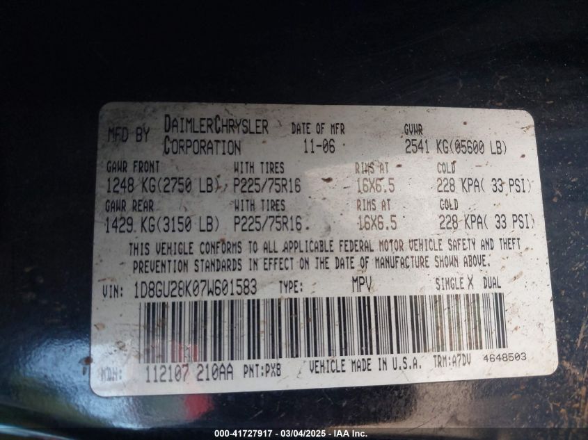 2007 Dodge Nitro Sxt VIN: 1D8GU28K07W601583 Lot: 41727917