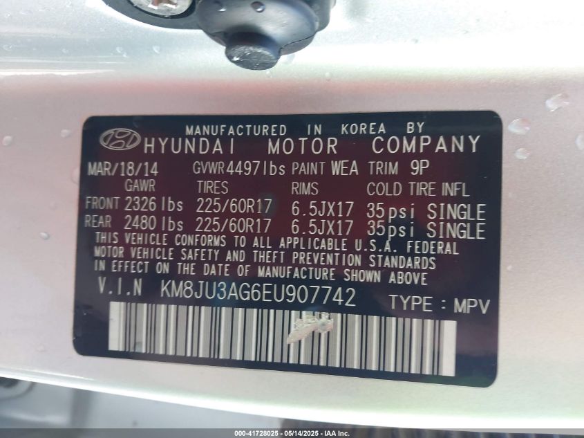 2014 Hyundai Tucson Se VIN: KM8JU3AG6EU907742 Lot: 41728025