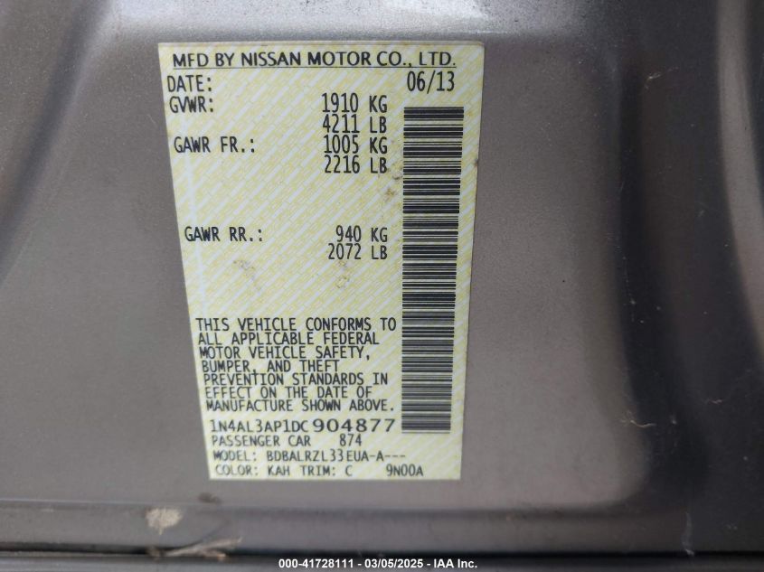 2013 Nissan Altima 2.5 S VIN: 1N4AL3AP1DC904877 Lot: 41728111