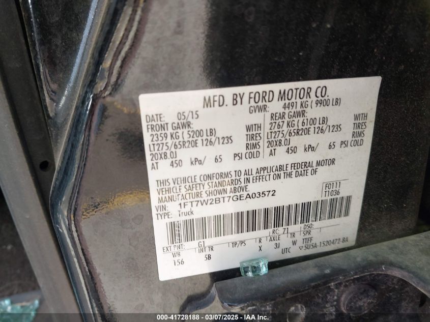 2016 Ford F-250 Lariat VIN: 1FT7W2BT7GEA03572 Lot: 41728188