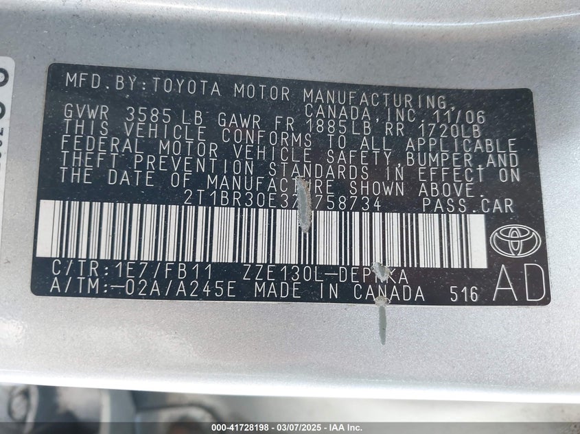 2007 TOYOTA COROLLA VIN: 2T1BR30E37C758734