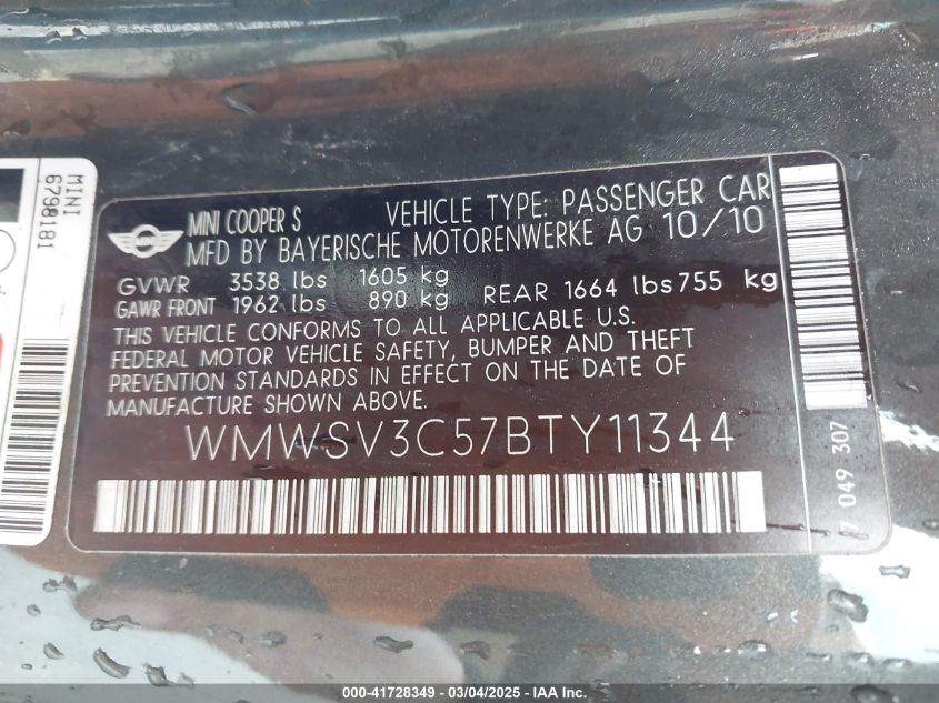 2011 Mini Cooper S VIN: WMWSV3C57BTY11344 Lot: 41728349