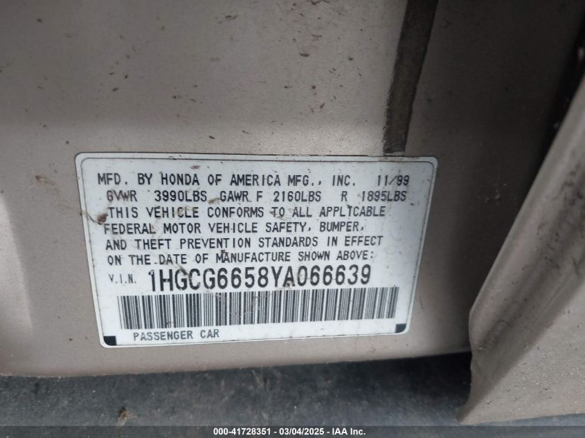2000 Honda Accord 2.3 Lx VIN: 1HGCG6658YA066639 Lot: 41728351
