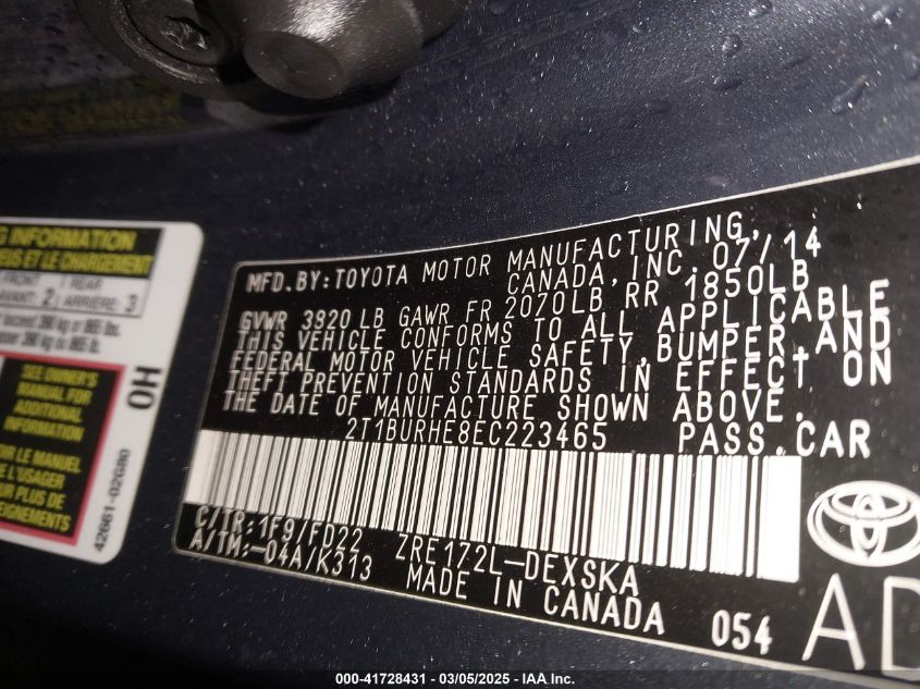 2014 Toyota Corolla S Plus VIN: 2T1BURHE8EC223465 Lot: 41728431