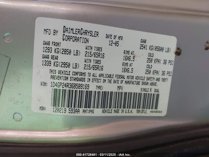 2006 Dodge Grand Caravan Se VIN: 1D4GP24R36B589169 Lot: 41728481