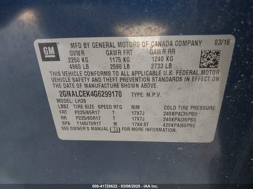 2016 CHEVROLET EQUINOX LT - 2GNALCEK4G6299170