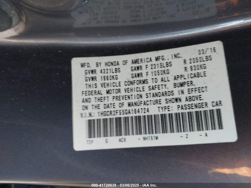 2016 HONDA ACCORD VIN: 1HGCR2F55GA164724
