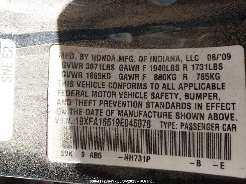 2009 HONDA CIVIC VIN: 19XFA16519E045078