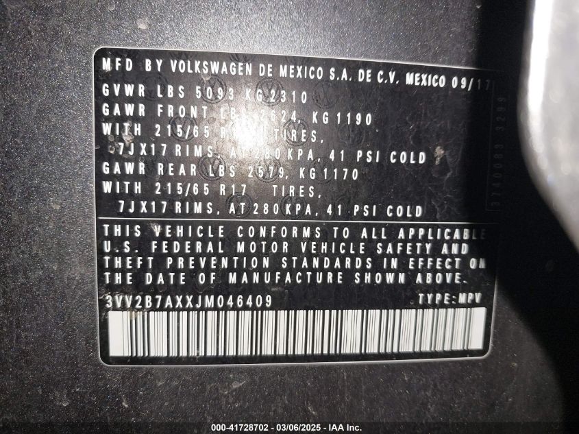 2018 Volkswagen Tiguan 2.0T Se/2.0T Sel VIN: 3VV2B7AXXJM046409 Lot: 41728702