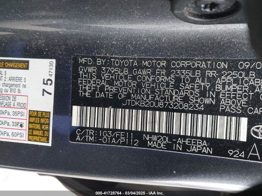 2007 Toyota Prius VIN: JTDKB20U873208234 Lot: 41728764