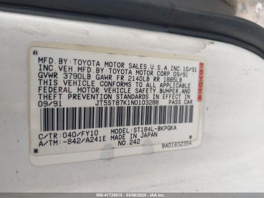 1992 Toyota Celica Gt VIN: JT5ST87K1N0103288 Lot: 41728815